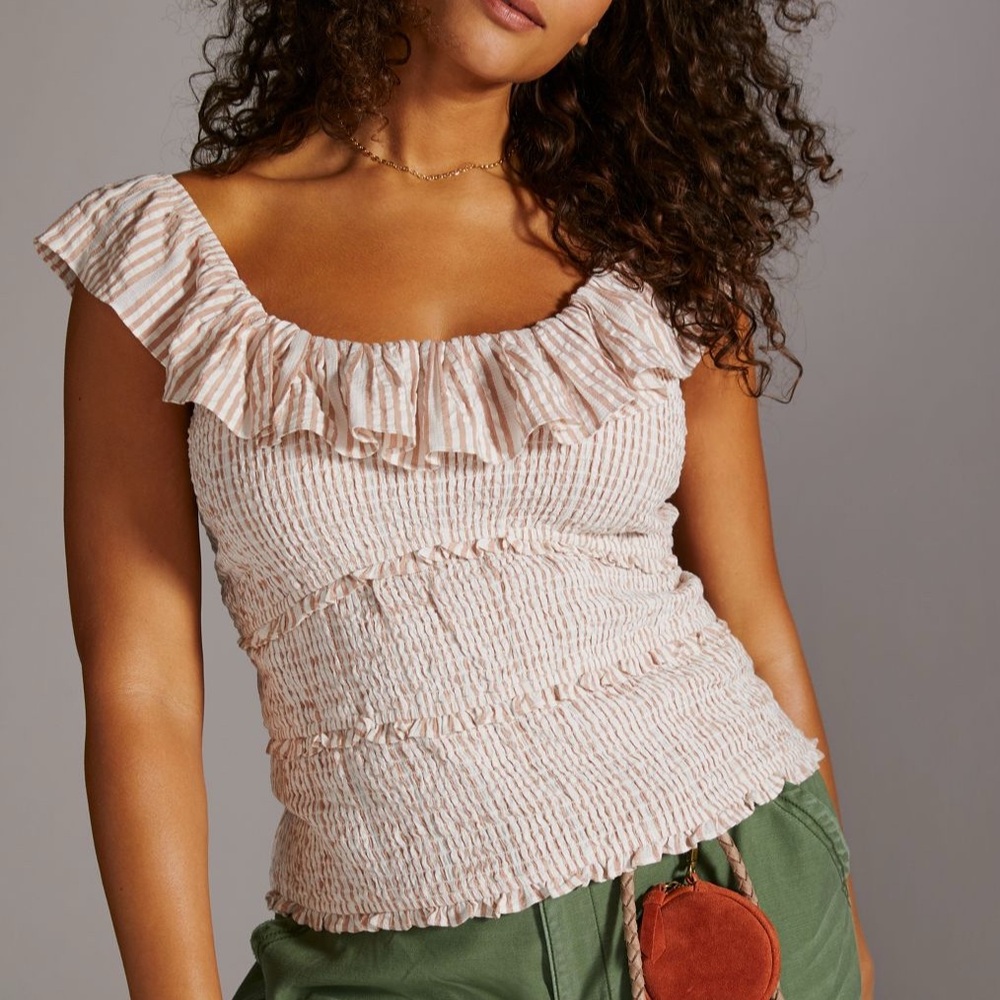 Anthropologie White & Tan Seersucker Ruffled Smocked Tie Back Top